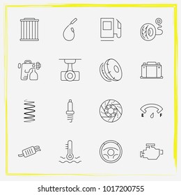 Auto Parts line icon set spark plug wire, brake disc and tail-pipe