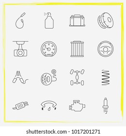Auto Parts line icon set tire pressure, car battery and car filter