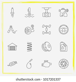 Auto Parts line icon set exhaust, battery terminal and auto garage