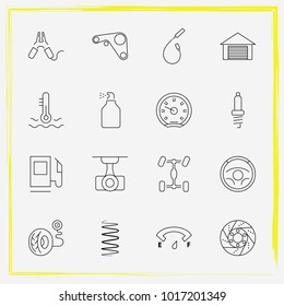 Auto Parts line icon set brake disc, tire pressure and coolant