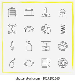 Auto Parts line icon set car battery, car window spray and shock absorber 