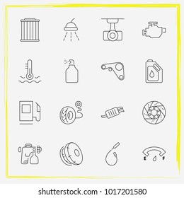 Auto Parts line icon set exhaust, car window spray and spark plug wire