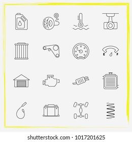 Auto Parts line icon set engine belt, tail-pipe and auto garage