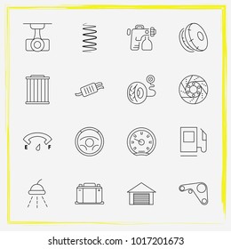 Auto Parts line icon set airbag on, tire pressure and gas station