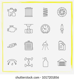 Auto Parts line icon set auto part, speedometer and car window spray