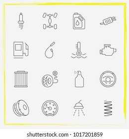 Auto Parts line icon set paint, speedometer and chassis car