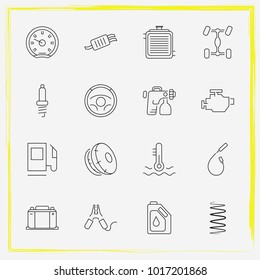 Auto Parts line icon set spark plug wire, oil change and speedometer