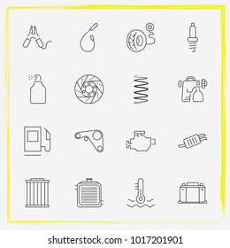 Auto Parts line icon set tire pressure, coolant and car painting