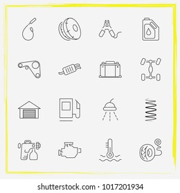 Auto Parts line icon set car engine, chassis car and battery terminal