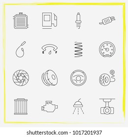 Auto Parts line icon set car wash, car engine and brake disc