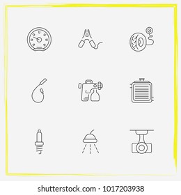 Auto Parts line icon set tire pressure, camcorder and spark plug wire