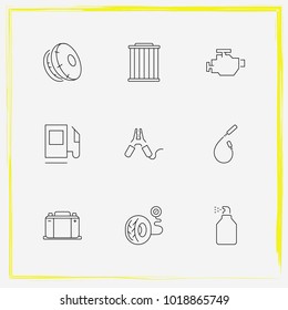 Auto Parts line icon set car filter, spark plug wire and car window spray