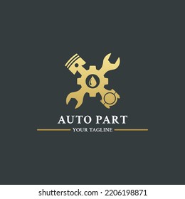 Auto Parts Logo Vector Or Automotive Parts Logo. Autoparts in gear, auto piston, spark plug and wrench, logo design. Best auto repair logo. Vector of car parts, auto repair. svg