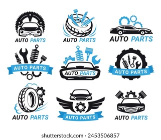 Conjunto de Plantilla de diseño de logotipo minimalista de piezas de automóvil para Ilustración vectorial isométrica de servicio de automóvil. Taller de fijación mecánica de mantenimiento de vehículos de Transporte logotipo retro con neumático y equipo