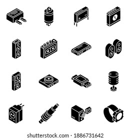 
Auto Parts and Multimedia Glyph Isometric Icons 