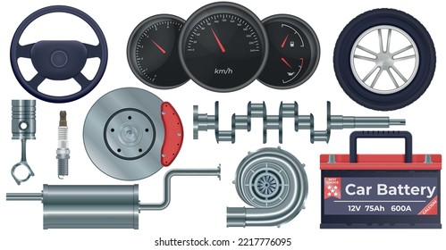 Auto parts realistic set with car battery symbols isolated vector illustration