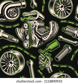 Auto parts seamless background in graffiti style, this design can be used as wallpaper for a car service or a garage, or as a fabric print
