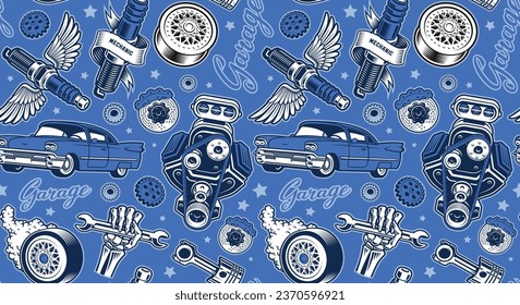 auto parts seamless background, hot rod themed illustrations