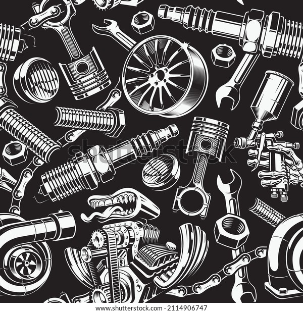 Auto parts seamless background, this background can\
be used as wallpapers for a garage, car service, or as a fabric\
print