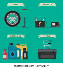 Auto parts and auto service flat icons. Vector simple illustration of tire service, battery, auto oils, tools.