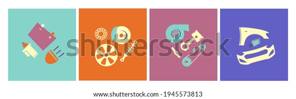 Auto parts set banner, car spare for car repair\
and service. Shock absorber. Electrical, engine, auto body.\
Headlights. Turbine. Spark plug. Brake. Battery. Colorful flat\
vector illustration\
isolated