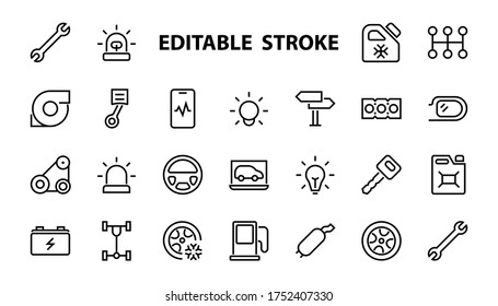 AUTO PARTS Set of Icons related vector line icons. Contains icons such as parts, oil, diagnostics, turbine, steering wheel, key, chassis, gearbox and much more. Editable stroke.
