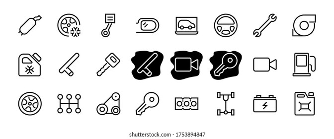 AUTO PARTS Set of Icons related vector line icons. Contains icons such as parts, oil, diagnostics, turbine, steering wheel, key, chassis, gearbox and much more. Editable stroke.