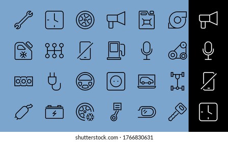 AUTO PARTS Set of Icons related vector line icons. Contains icons such as parts, oil, diagnostics, turbine, steering wheel, key, chassis, gearbox and much more. Editable stroke.