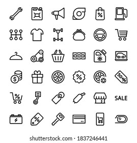 AUTO PARTS Set of Icons related vector line icons. Contains icons such as parts, oil, diagnostics, turbine, steering wheel, key, chassis, gearbox and much more. Editable stroke.