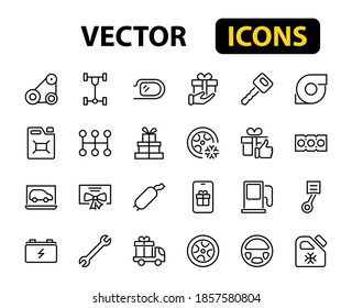 AUTO PARTS Set of Icons related vector line icons. Contains icons such as parts, oil, diagnostics, turbine, steering wheel, key, chassis, gearbox and much more. Editable stroke.