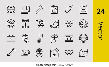 AUTO PARTS Set of Icons related vector line icons. Contains icons such as parts, oil, diagnostics, turbine, steering wheel, key, chassis, gearbox and much more. Editable stroke.