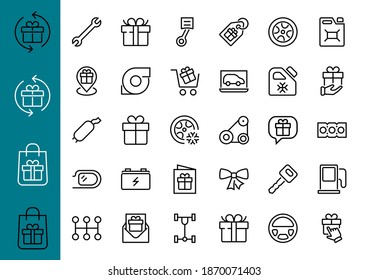 AUTO PARTS Set of Icons related vector line icons. Contains icons such as parts, oil, diagnostics, turbine, steering wheel, key, chassis, gearbox and much more. Editable stroke.