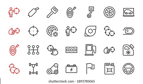 AUTO PARTS Set of Icons related vector line icons. Contains icons such as parts, oil, diagnostics, turbine, steering wheel, key, chassis, gearbox and much more. Editable stroke.