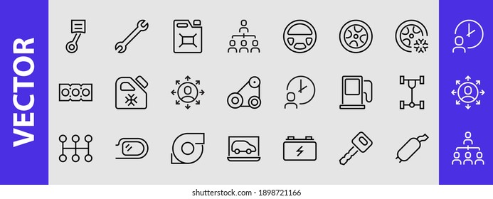 AUTO PARTS Set of Icons related vector line icons. Contains icons such as parts, oil, diagnostics, turbine, steering wheel, key, chassis, gearbox and much more. Editable stroke.