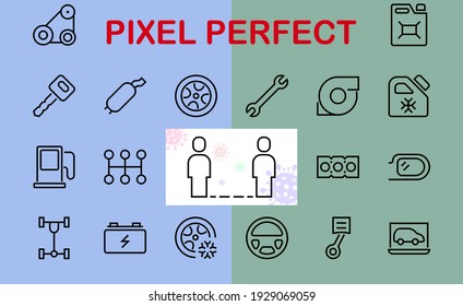 AUTO PARTS Set of Icons related vector line icons. Contains icons such as parts, oil, diagnostics, turbine, steering wheel, key, chassis, gearbox and much more. Editable stroke.