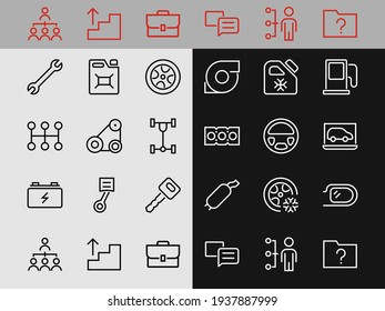 AUTO PARTS Set of Icons related vector line icons. Contains icons such as parts, oil, diagnostics, turbine, steering wheel, key, chassis, gearbox and much more. Editable stroke.