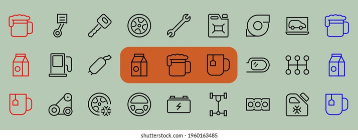 AUTO PARTS Set of Icons related vector line icons. Contains icons such as parts, oil, diagnostics, turbine, steering wheel, key, chassis, gearbox and much more. Editable stroke.