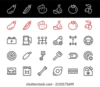 AUTO PARTS Set of Icons related vector line icons. Contains icons such as parts, oil, diagnostics, turbine, steering wheel, key, chassis, gearbox and much more. Editable stroke.