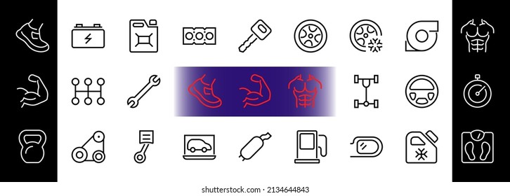 AUTO PARTS Set of Icons related vector line icons. Contains icons such as parts, oil, diagnostics, turbine, steering wheel, key, chassis, gearbox and much more. Editable stroke