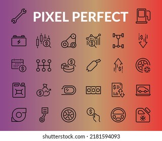 AUTO PARTS Set of Icons related vector line icons. Contains icons such as parts, oil, diagnostics, turbine, steering wheel, key, chassis, gearbox and much more. Editable stroke.