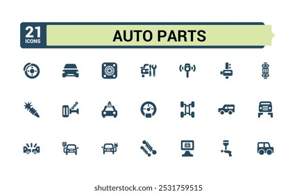 Conjunto de iconos sólidos de autopartes. Relacionado con la reparación, equipo eléctrico, motores y otros equipos especiales. Símbolo lleno para la tienda de autopartes. Pixel paquete de iconos de glifo perfecto.