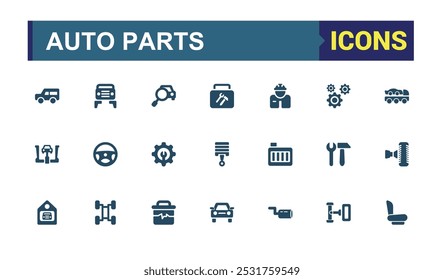 Auto parts solid icons set. Related to repair, electrical equipment, engines and other special equipment. Filled symbol for Auto parts store. Pixel prfect glyph icons pack.
