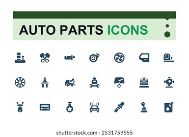 Peças automáticas conjunto de ícones sólidos. Relacionados com a reparação, equipamento elétrico, motores e outros equipamentos especiais. Símbolo preenchido para loja de peças Automáticas. Pacote de ícones de glifo perfeito para pixel.