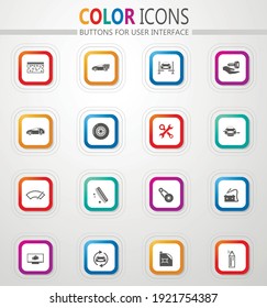 Auto parts store vector flat button icons with colored outline and shadow