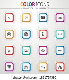 Auto parts store vector flat button icons with colored outline and shadow