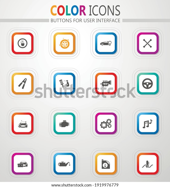 Auto parts store vector flat button icons with\
colored outline and\
shadow