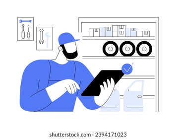 Auto parts supply abstract concept vector illustration. Auto repair service worker with tablet in garage, checking vehicle parts supply, personal transport maintenance abstract metaphor.