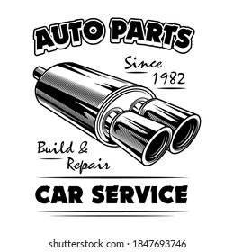 Auto parts vector illustration. Chrome double exhaust pipe, build and repair text. Car service or garage concept for emblems or labels templates