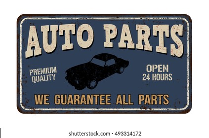 Auto parts vintage rusty metal sign on a white background, vector illustration