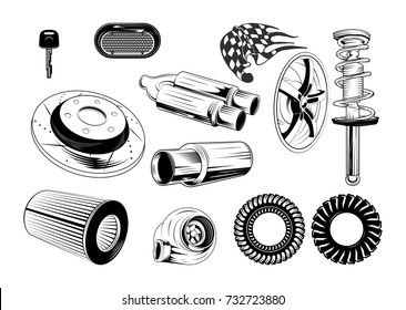 Auto parts in vintage style. Car repair elements isolated on white background. Spares concept vector illustration